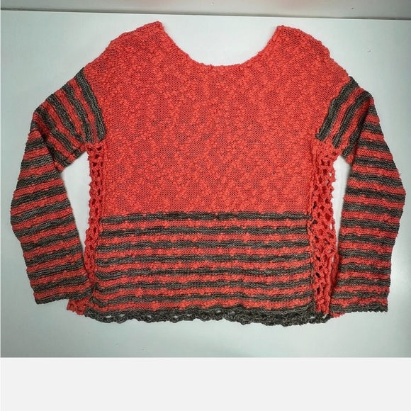 Free People Oversized Open Knit Sweater Stripe Weave Crochet Boho Scallop parka - Picture 3 of 9